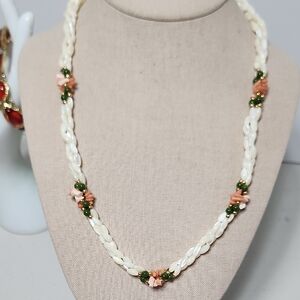 Genuine Rice Pearl, Green Jade, And Pink Spiny Oyster Shell Necklace